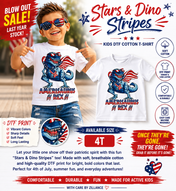 Kids DTF Cotton T-Shirt - Stars & Dino Stripes