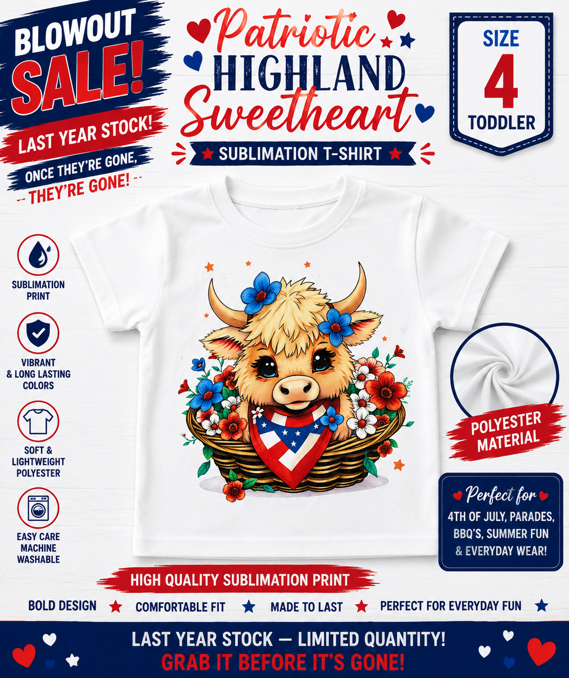 Toddler Sublimation T-Shirt - Patriotic Highland Sweetheart