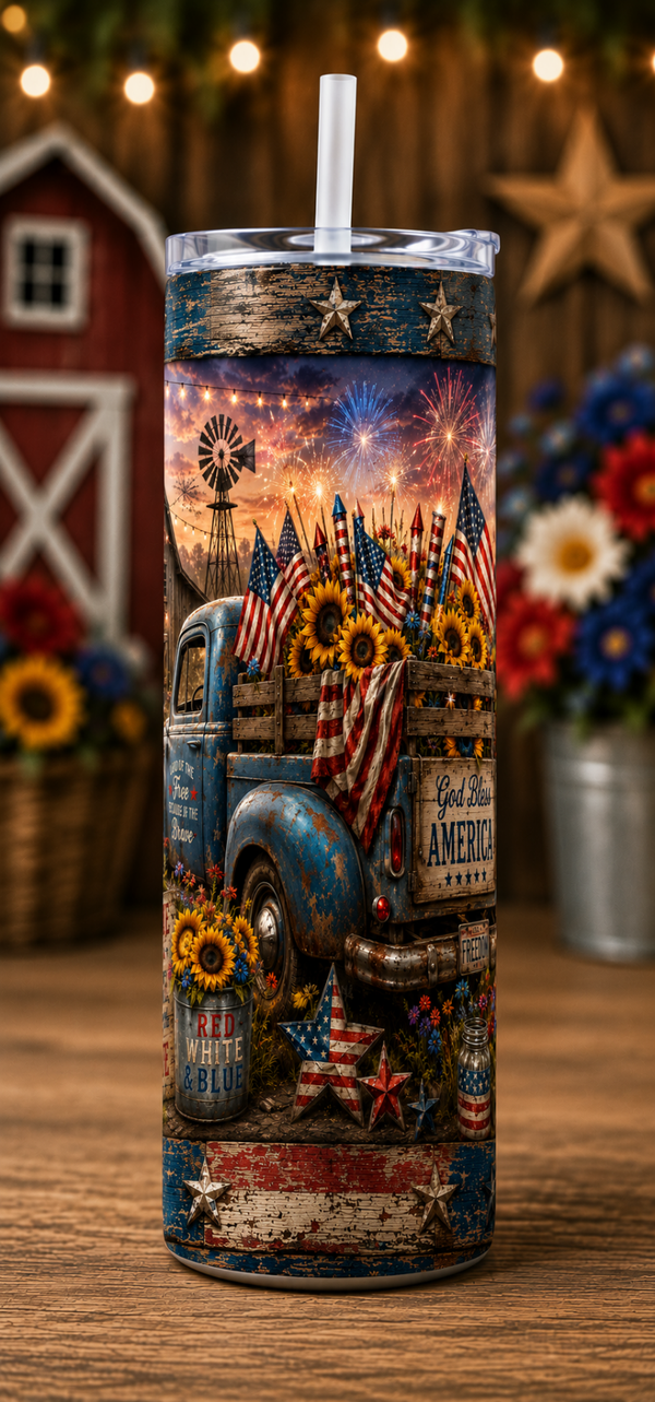20 oz Skinny Tumbler - Stars, Sparklers & Sunflowers
