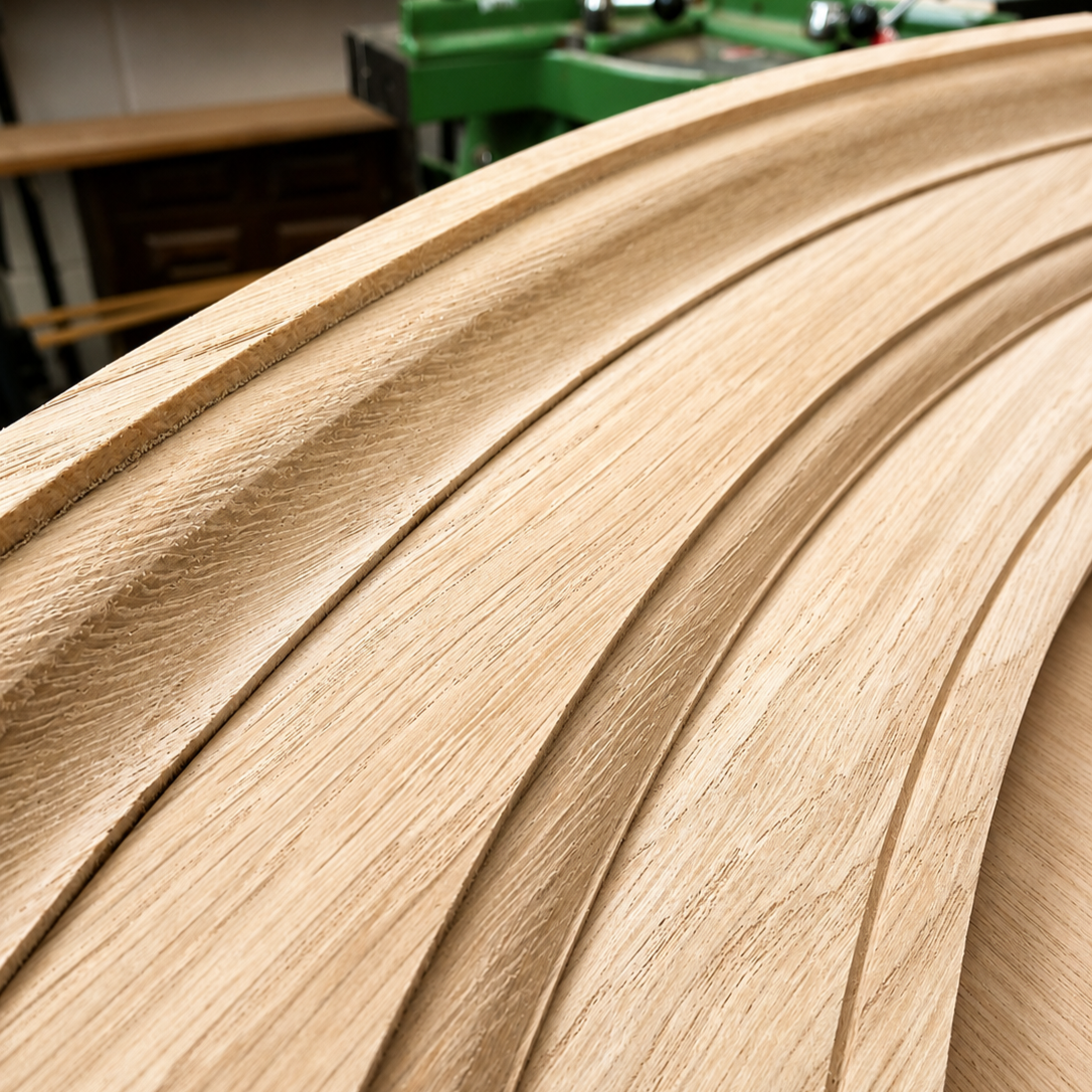 Close-up of a curved oak panel with precision-routed channels and detailed wood grain, shown in a woodworking workshop with machinery in the background.