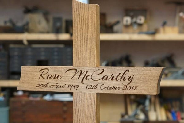 Personalised Solid Oak Memorial Cross | Engraved Wooden Grave Marker | Handmade in the UK