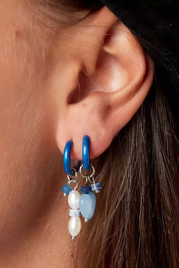 Oorbellen kleurrijke bedels blauw medium- zilver