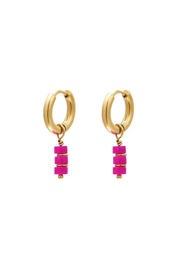 Oorbellen met 3 kraaltjes fuchsia - goud