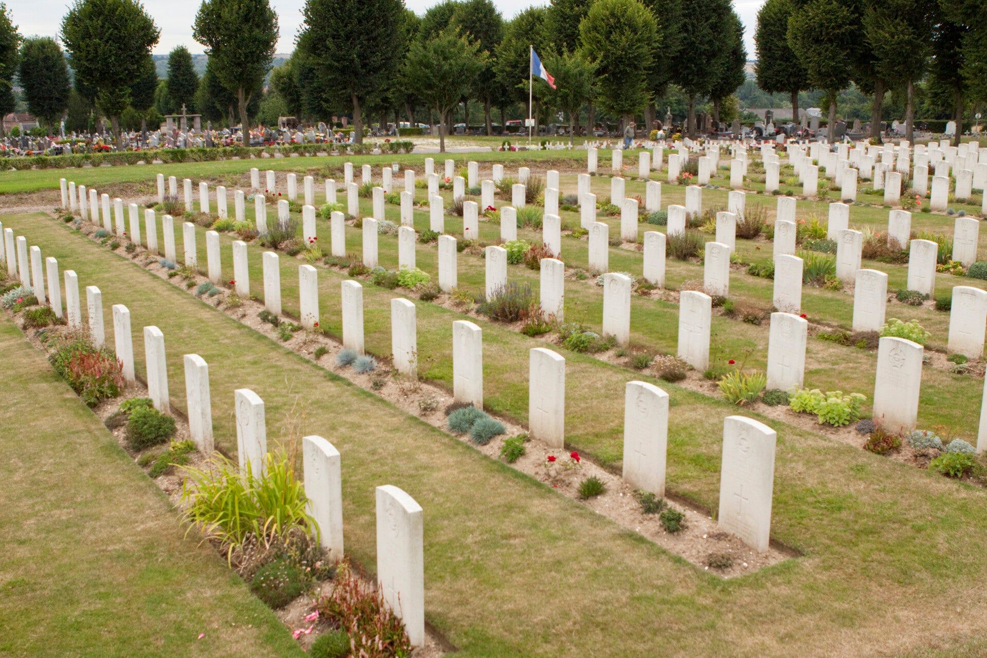 Commonwealth War Graves headstones at Abbeville Communal Cemetery Extension where many First World War soldiers from the Somme are buried
