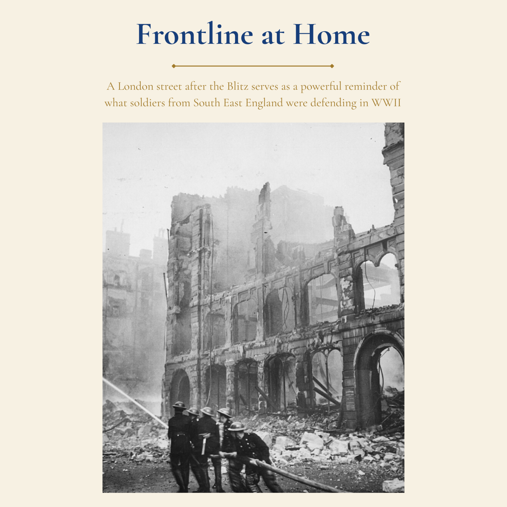 The aftermath of the Blitz in London during the Second World War, showing bomb-damaged buildings and the devastation experienced across South East England.