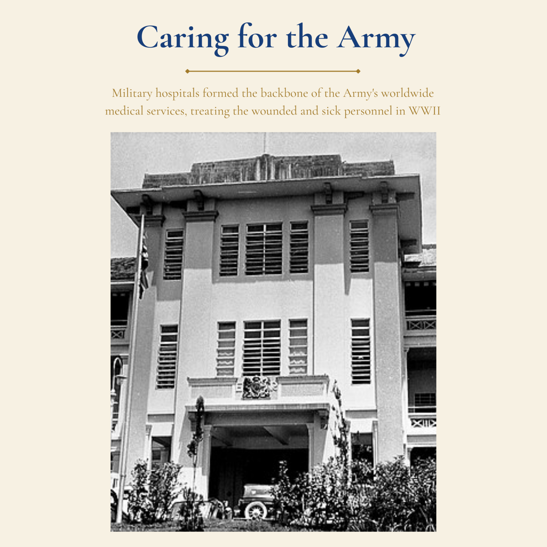 Alexandra Military Hospital in Singapore, a major British Army hospital providing medical care to wounded and sick personnel during the Second World War.