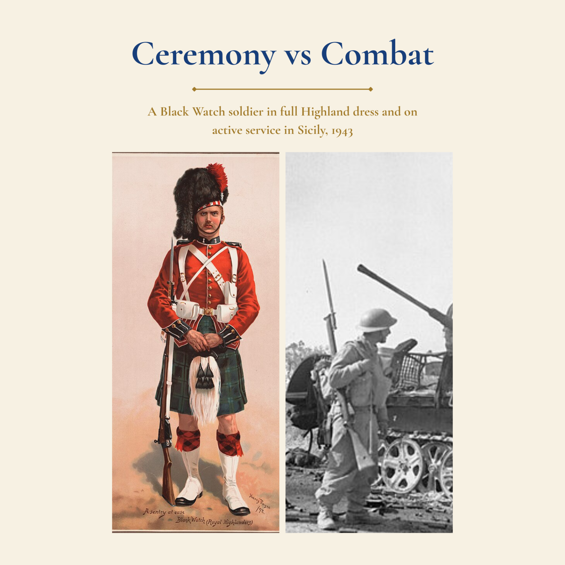 A Black Watch soldier in full Highland dress alongside a Black Watch soldier on active service in Sicily during the Second World War, illustrating the contrast between ceremonial tradition and frontline combat.