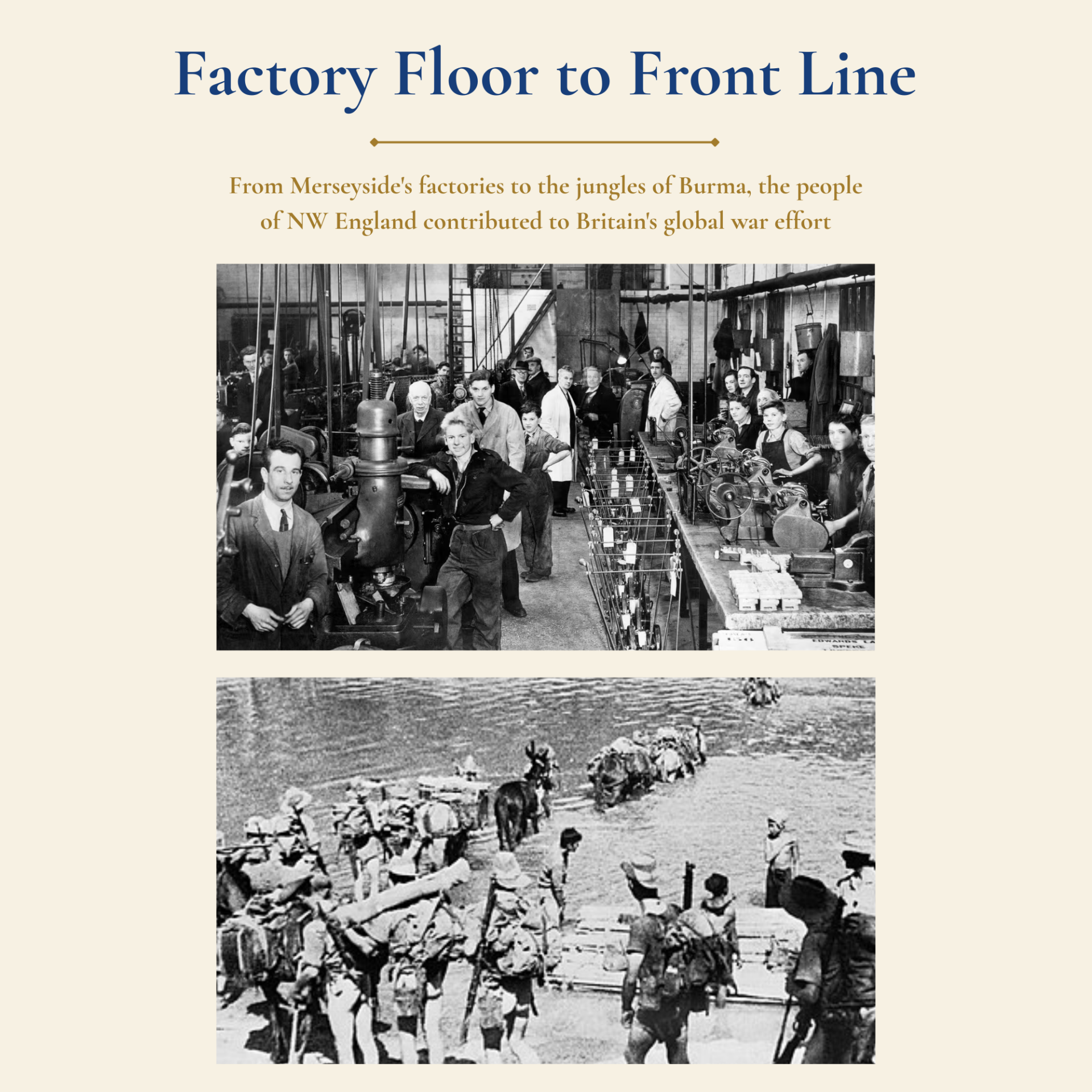 From Merseyside's factories to the jungles of Burma: factory workers supporting Britain's war effort alongside soldiers of the King's (Liverpool Regiment) on active service during the Second World War.