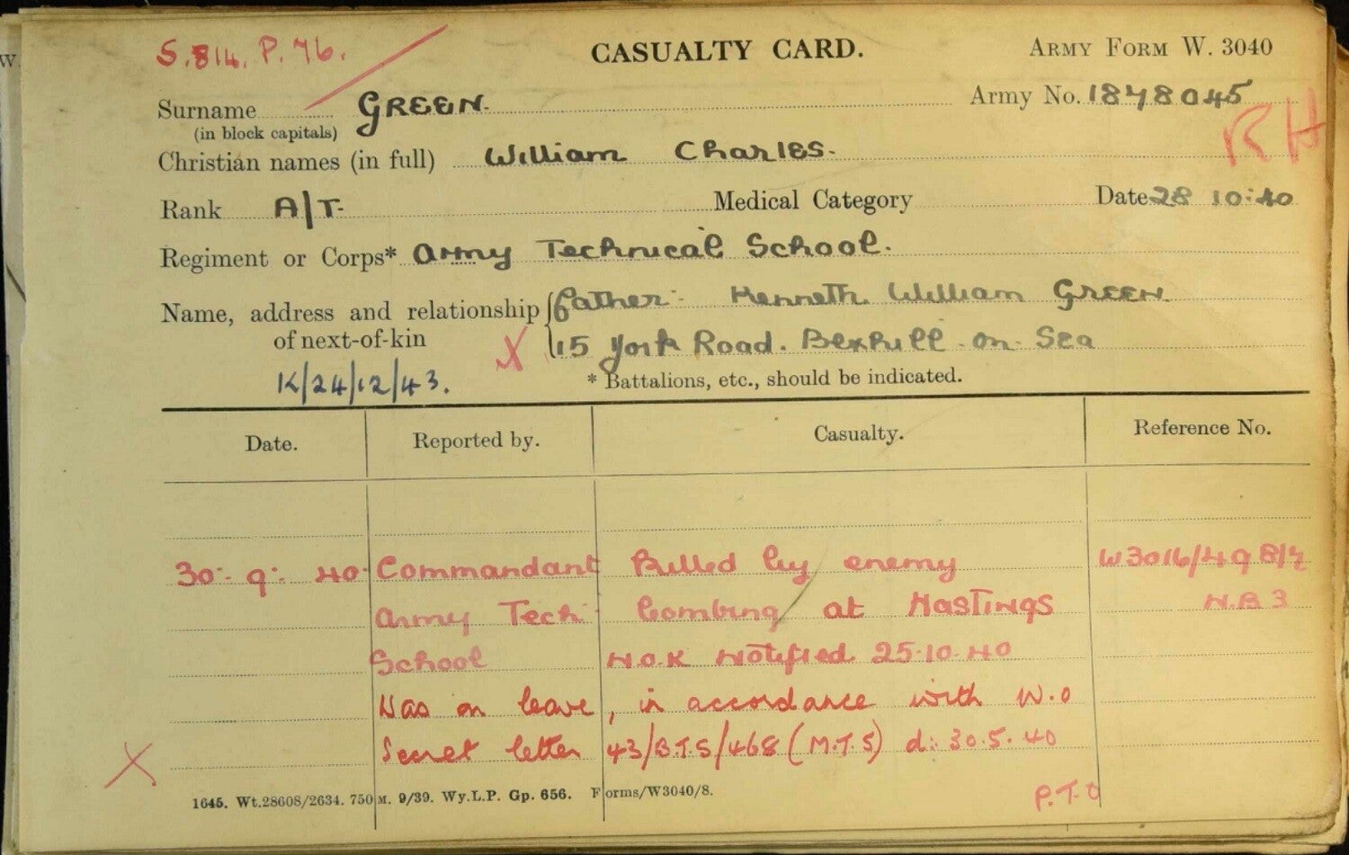 WWII casualty record showing a British Army service number and regiment.