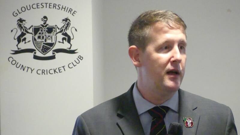 Military historian delivering a public talk at Gloucestershire County Cricket Club.