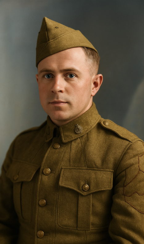 Colourised WWI British soldier in service dress, representing a typical First World War enlistment.