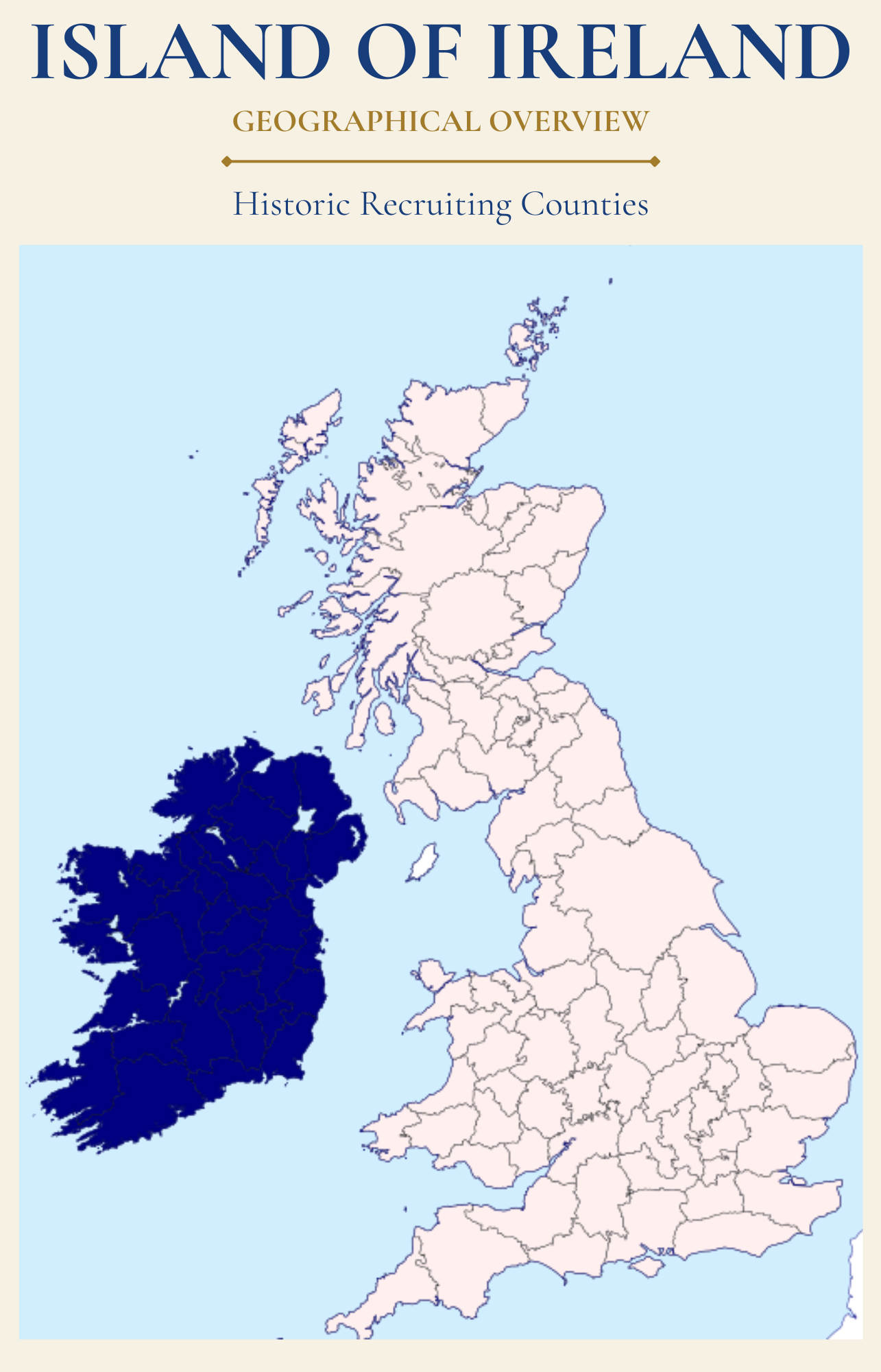 Map showing Island of Ireland within the United Kingdom and the geographical origins of north west England's historic infantry regiments.