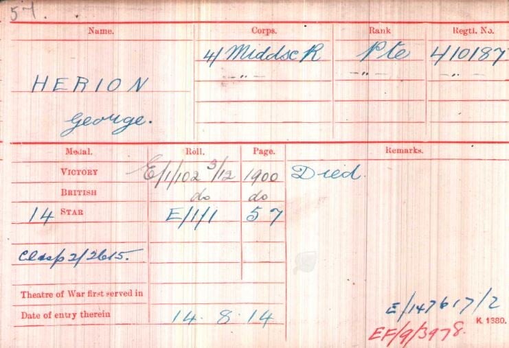 WWI Medal Index Card showing service number and regiment used in Army Service Explorer research.