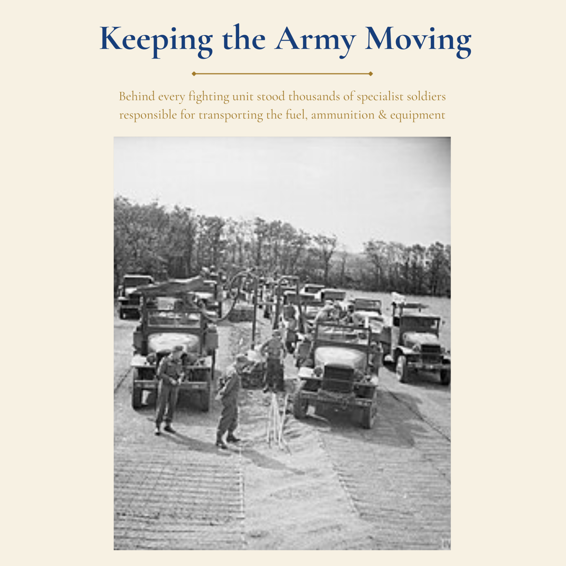 British Army transport lorries unloading supplies during the Second World War, illustrating the vital logistical role of Britain's specialist corps..