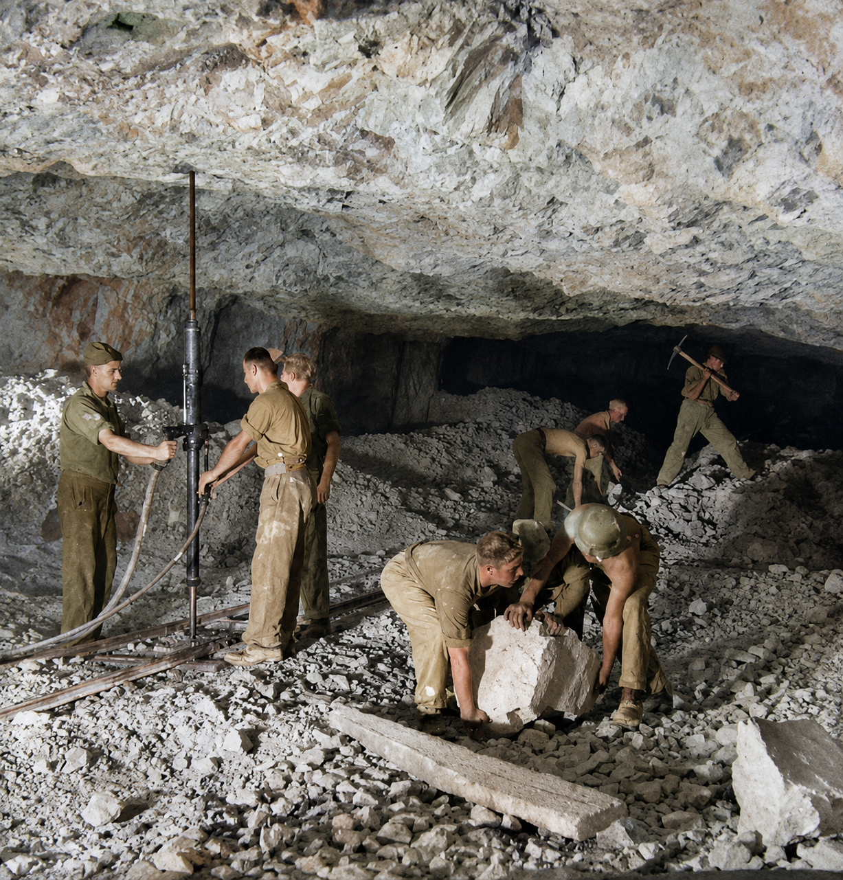 Royal Engineers soldiers tunnelling inside underground rock excavations in Gibraltar during the Second World War, 1941
