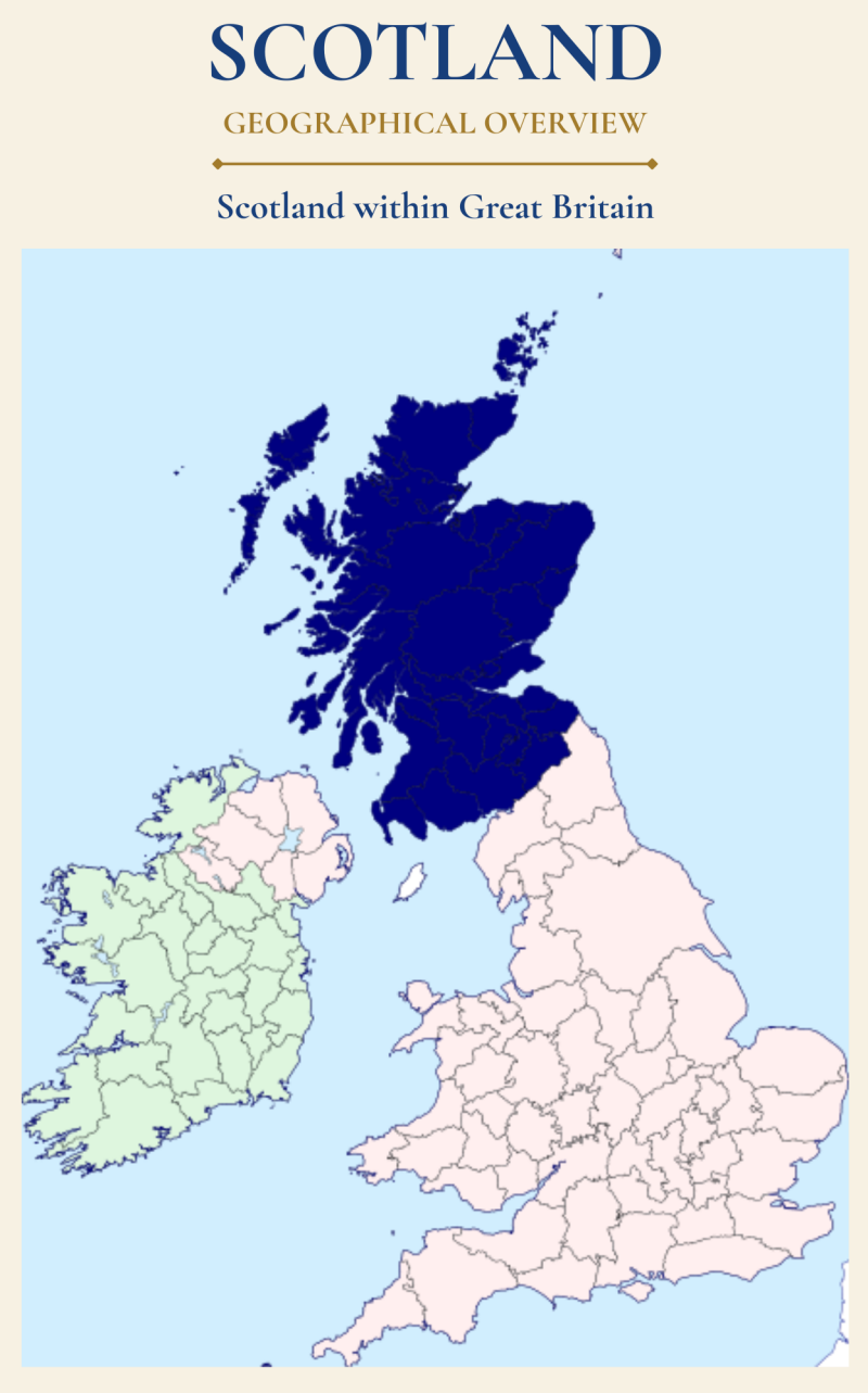 Map showing Scotland within the United Kingdom and the geographical origins of Scotland's historic infantry regiments.
