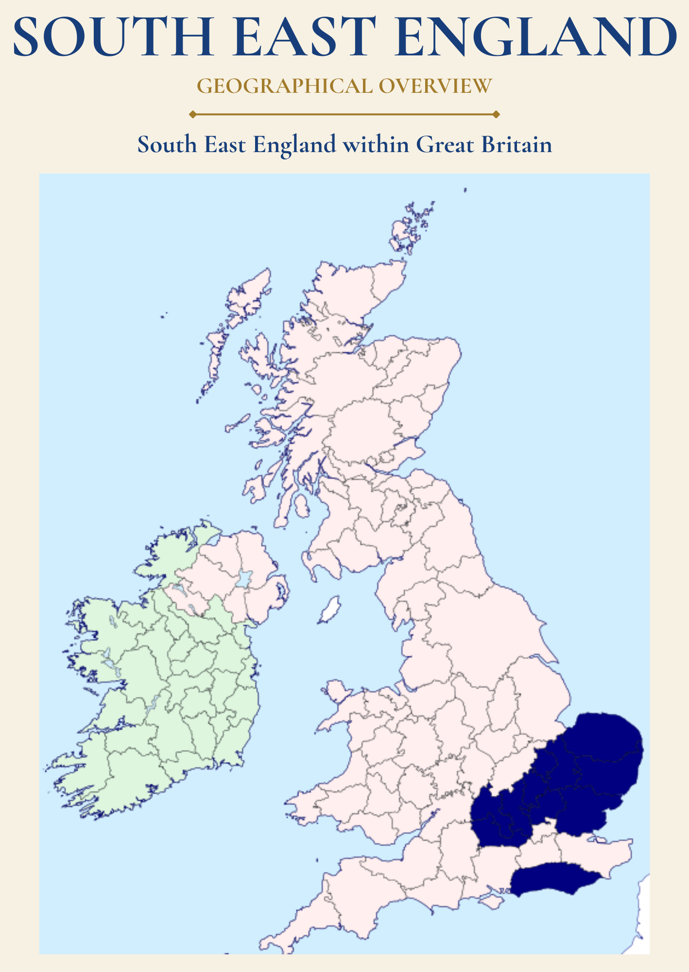 Map showing  South East England within the United Kingdom and the geographical origins of north west England's historic infantry regiments.