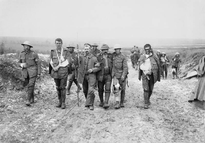 Wounded British Army soldiers returning from the Somme in 1916 during the First World War