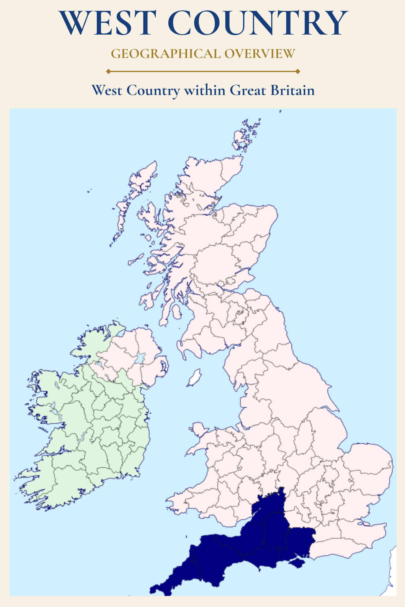 Map showing the West Country within the United Kingdom and the geographical origins of north west England's historic infantry regiments.
