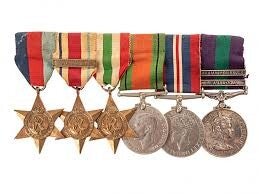 Group of British Army WWII campaign star medals showing different ribbons awarded for service in various theatres of war