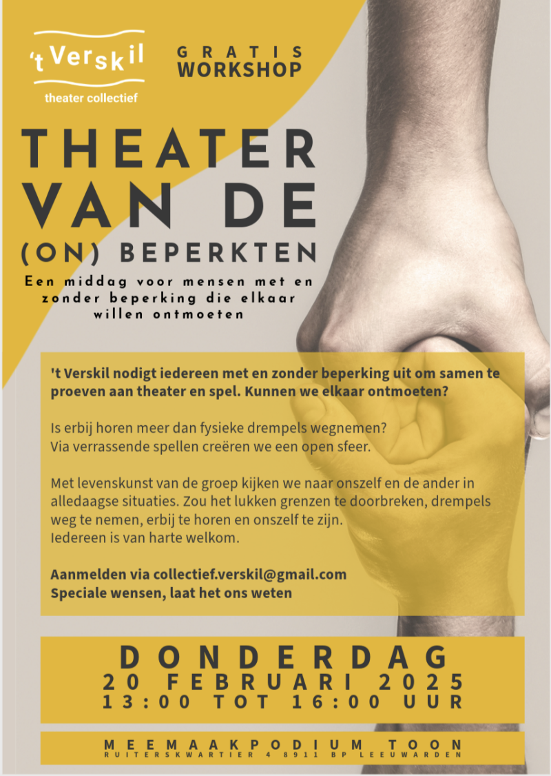 Foto van twee handen die elkaar vasthouden - Uitnodiging voor theater van de ON beperkten