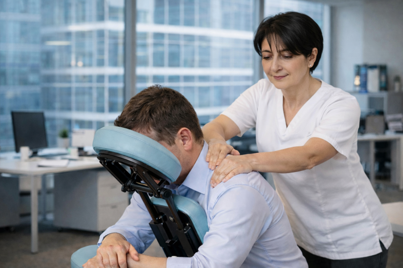 Séance de massage sur chaise en entreprise réalisée par Isabelle Amenergie