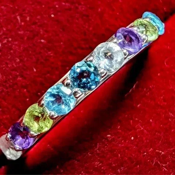 New. Stamped 725 Silver Genuine Gemstone Ring 9 Gems.  Size 6