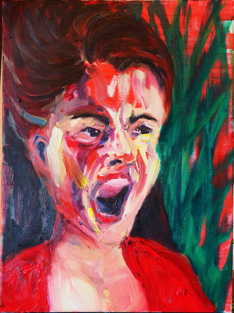 Off with her head, Oil and fluorecent acryl on canvas, 30 x 40 cm, 2019