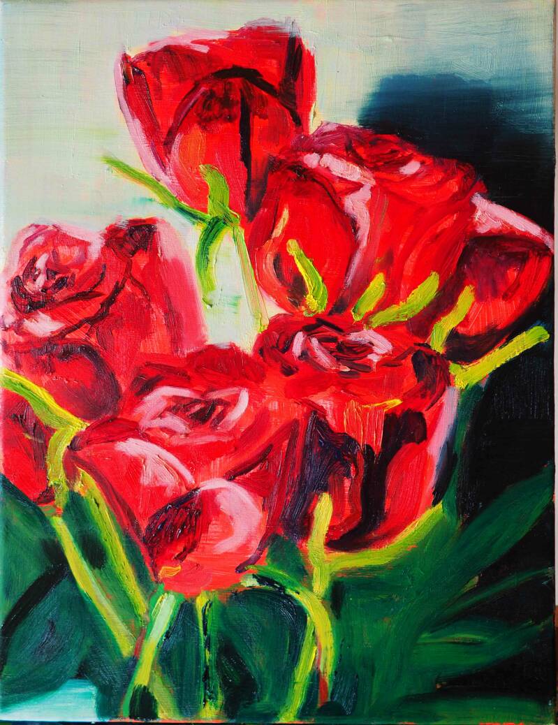 Why are you painting those roses, Oil and fluorecent acryl on canvas, 30 x 40 cm, 2019, Privé Collectie