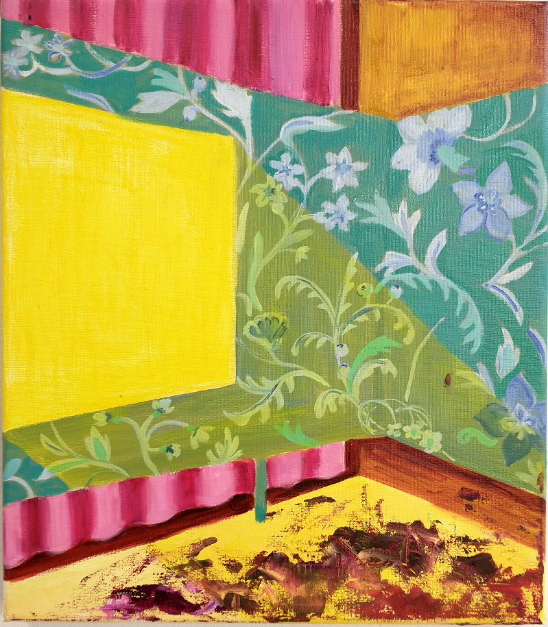 Achter de schermen, acryl en olieverf op doek, 30 x 35 cm, 2023, Privé Collectie