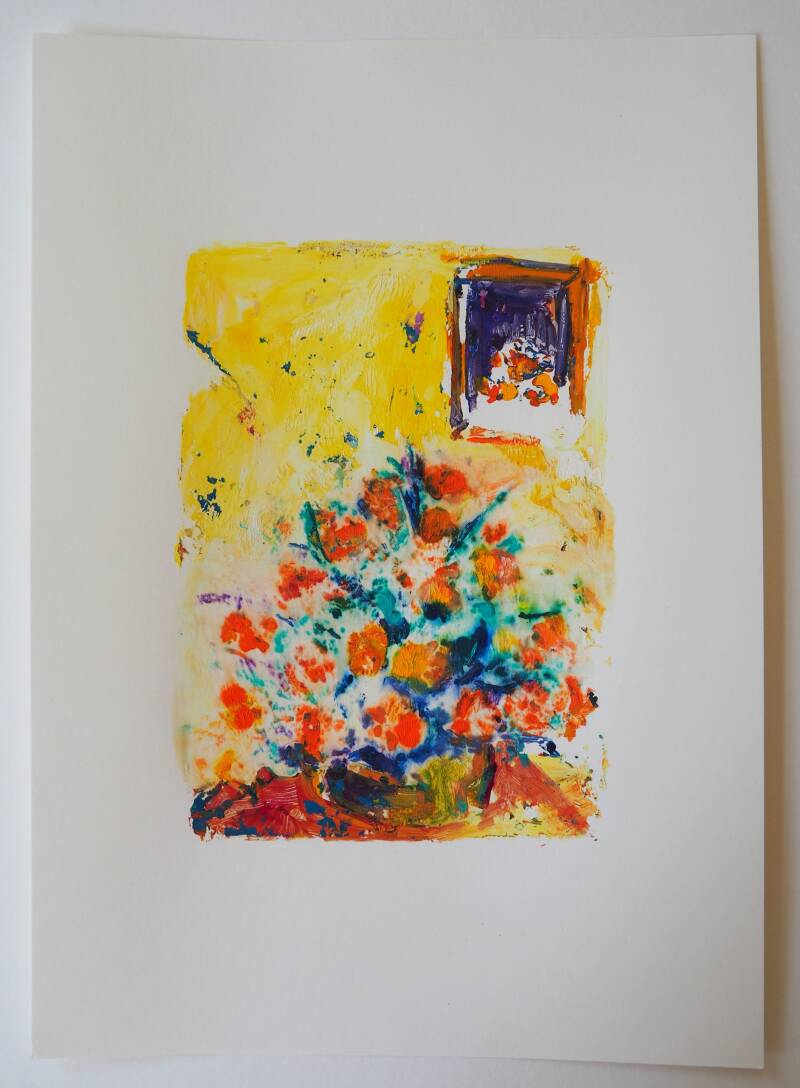 Bloemstuk op de dressoir, 14,8 x 21 cm, Monotype in acryl, 2025