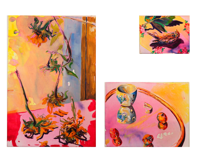 Drieluik, 40 x 60 cm, 30 x 40 en 24 x 18 cm, olieverf en acryl op doek, 2024