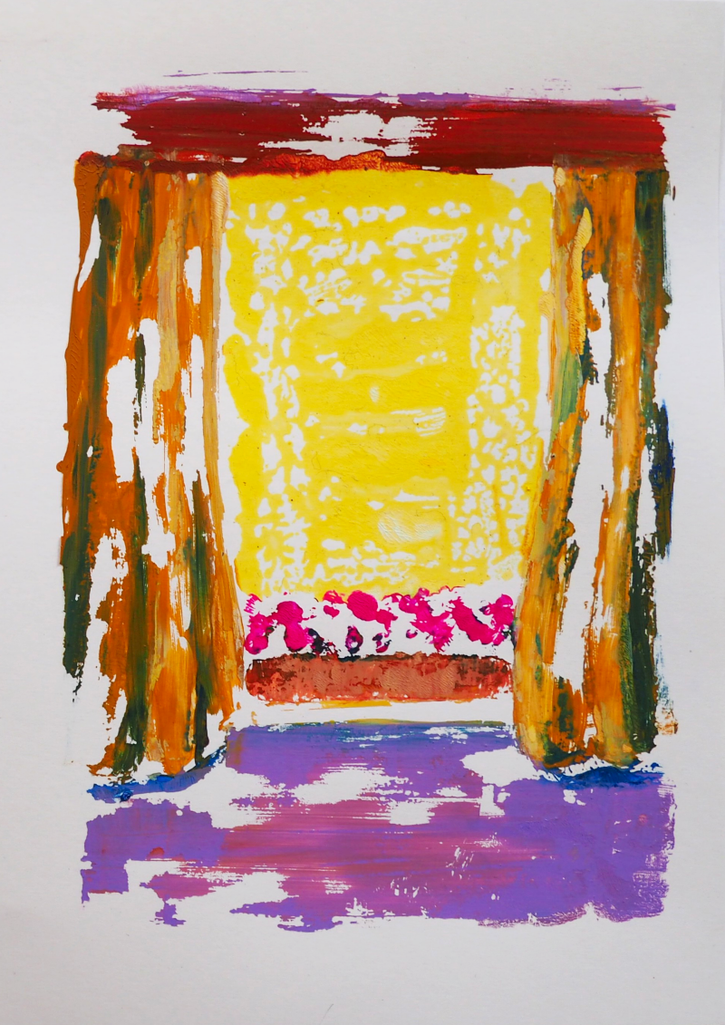 Gordijn, 14,8 cm x-21 cm, monotype in acryl op papier, 2024