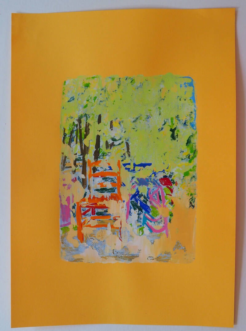 Herinner II, monotype in acryl op oranje papier, 21 x 29,7cm, 2026