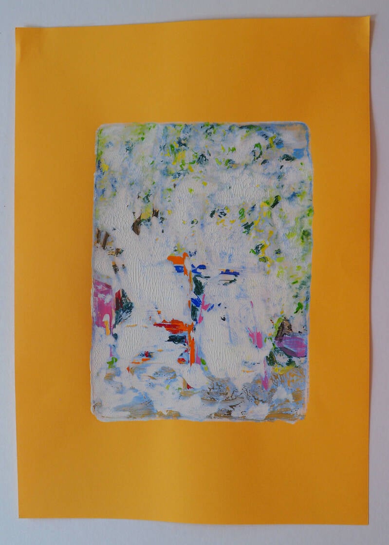 Herinner I, monotype in acryl op oranje papier, 21 x 29,7cm, 2026