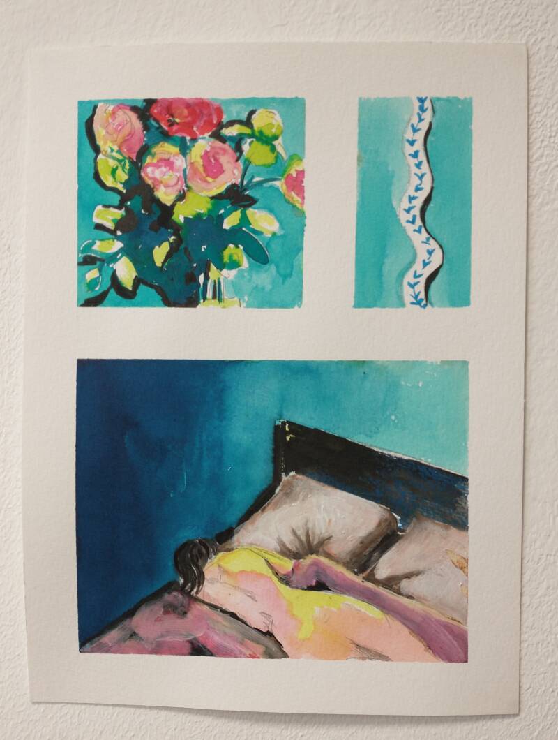 In bed, ecoline en inkt op papier, 24 x 32 cm, 2022