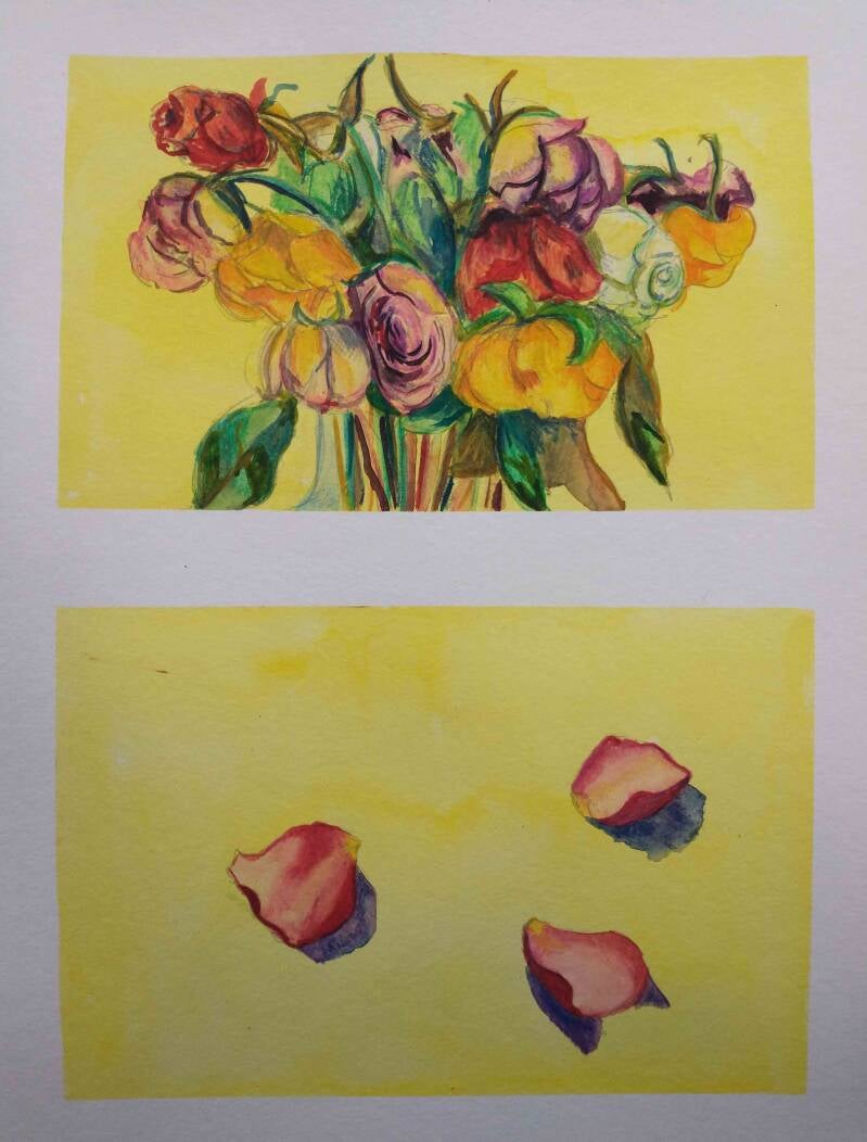 Kleurrijk verwelkt, ecoline en aquarel op papier, 32 x 24 cm, 2022