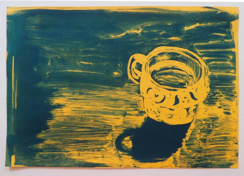 Koffiekop, cyanotype op oranje papier, 21 x 29,7 cm, 2026