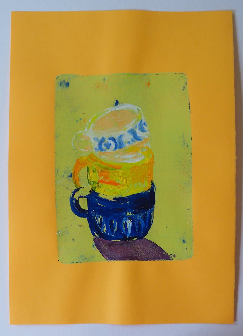 Koffietasstapel, monotype op oranje papier, 21 x 29,7 cm, 2026