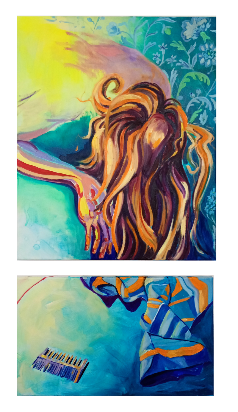 Liters en liters conditionering, acryl en olieverf op doek, 50 x 30 en 50 x 60 cm, 2026