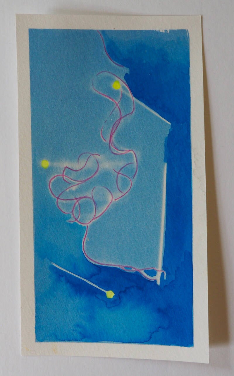 Naald en draad, cyanotype en acrylinkt op papier, 9,8 x 17,6 cm, 2026