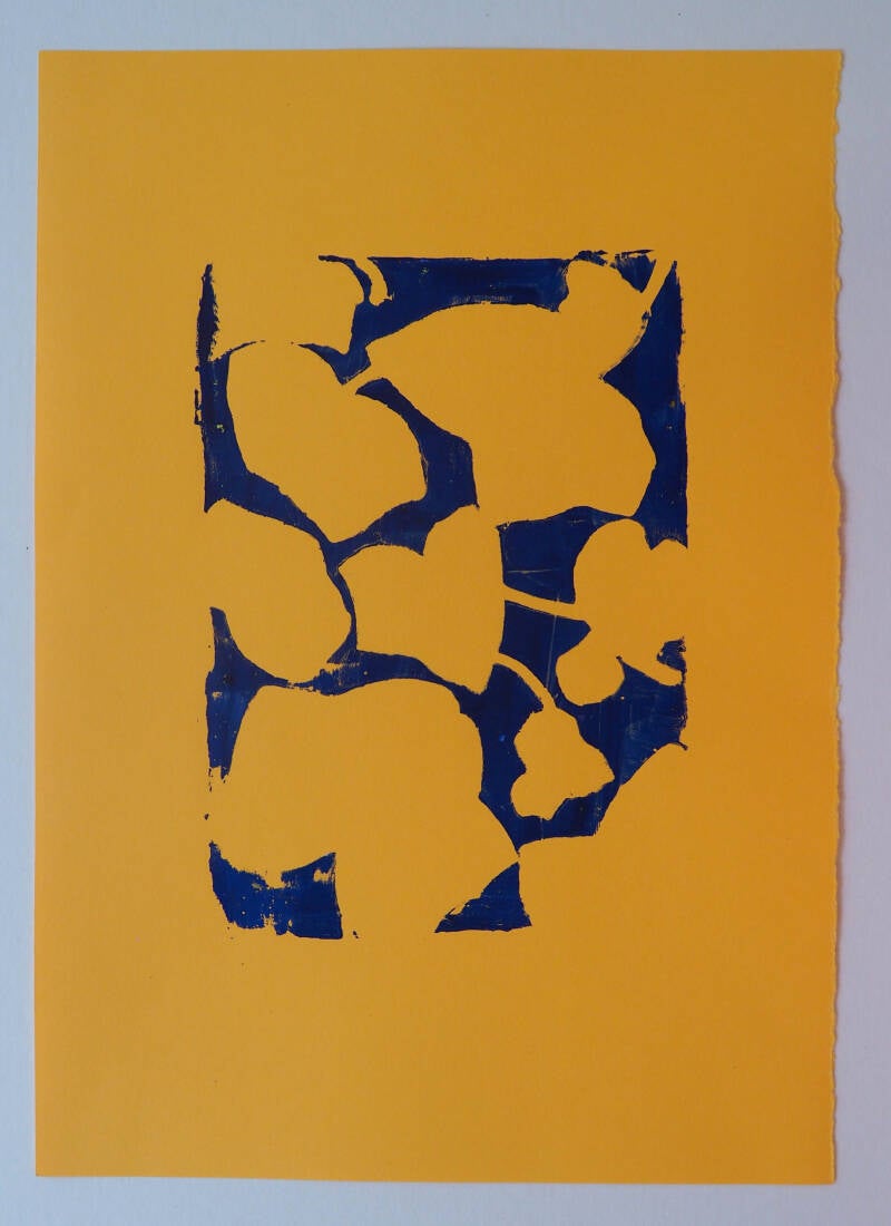 Klimop II, monotype in acryl op oranje papier, 21 x 29,7 cm, 2026