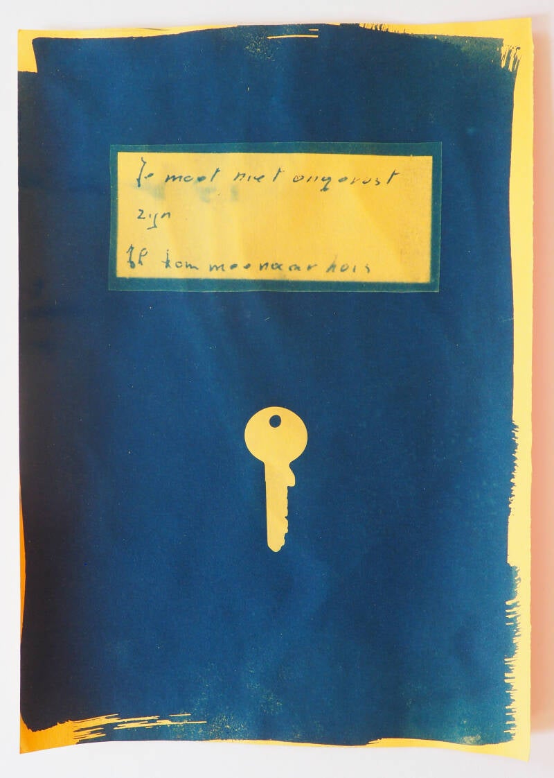 Ongerust, cyanotype op oranje papier, 21 x 29,7 cm, 2026