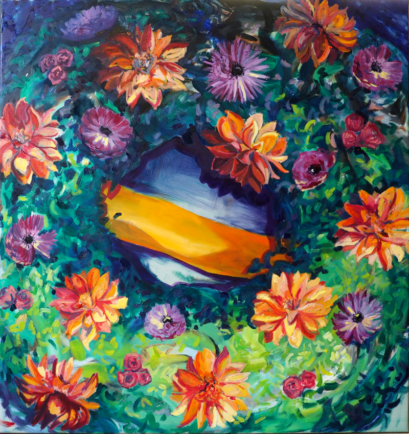 Rouwkrans, 95 x 95 cm, olieverf op doek, 2023