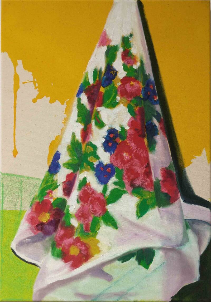 Verborgen of beschermend ? 40 x 50 cm, Ecoline, acryl, oliepastel en olieverf op katoen, 2022, Privé Collectie