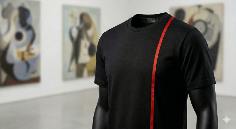 GALA Signature Tee - Deep Black Edition featuring the hand-finished red ribbon over the heart, worn by model