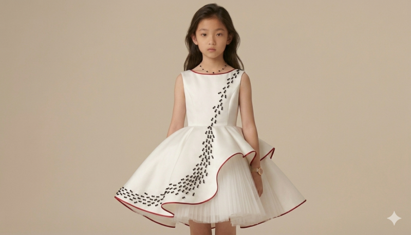 Avant-garde children's Haute Couture, Asian model in Dali inspired luxury dress.