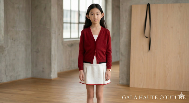 The spark of creation, high-end children's wear with signature red details.