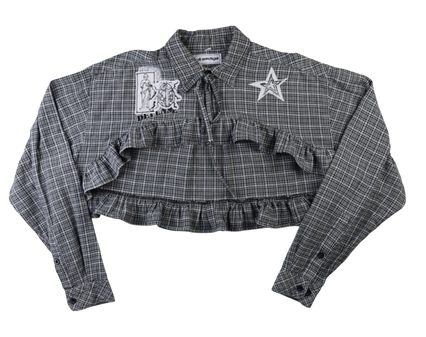 Grey bolero top with ruffles and patches - men's size M