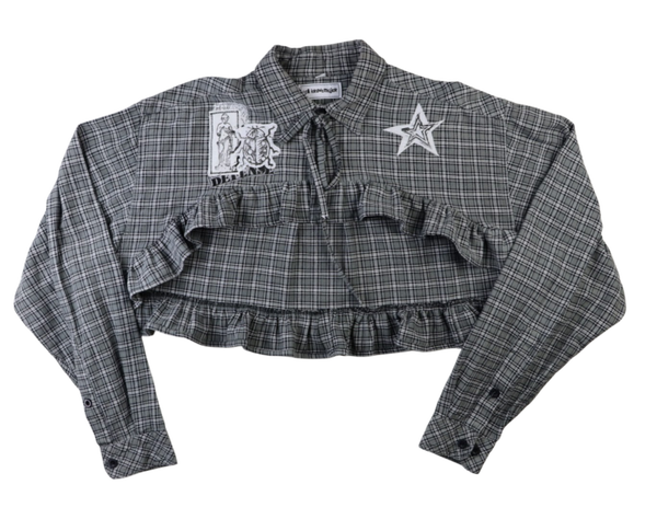 Grey bolero top with ruffles and patches - men's size M